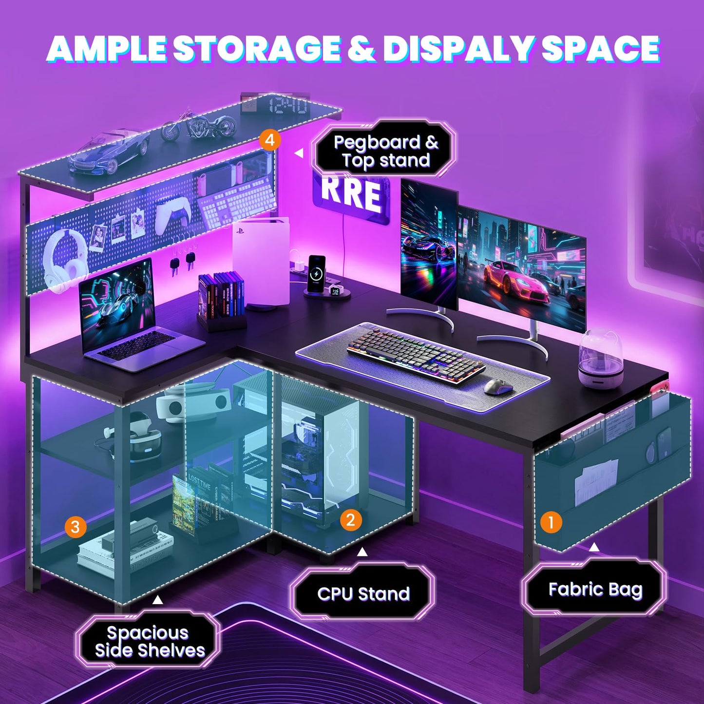 Apicizon L Shaped Desk Gaming Desk with LED Light & Power Outlet, 47 Inch Reversible Computer Desk with Pegboard & Shelf & Storage Bag for Home Office, Black