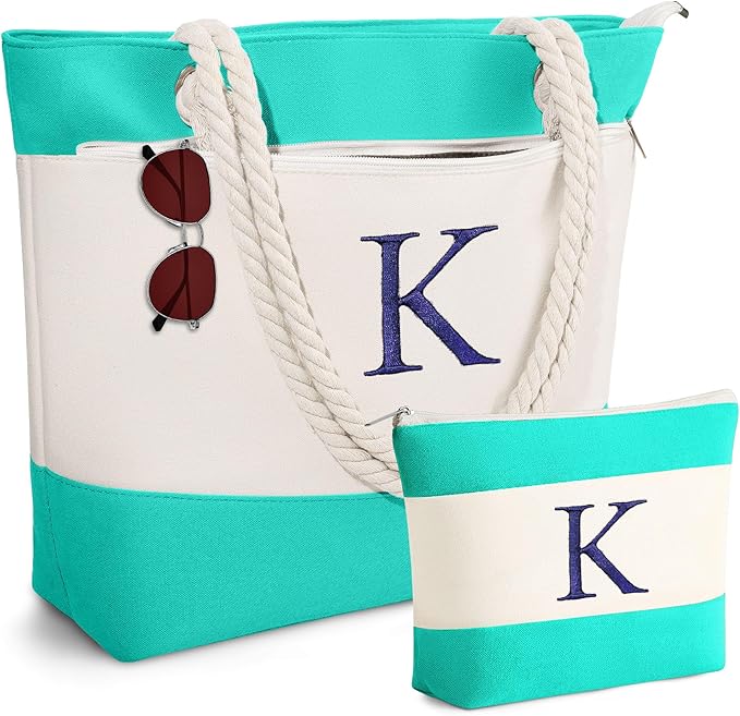 YOOLIFE Beach Bags for Women - Initial Canvas Tote Waterproof Bag with Makeup Bag Gifts for Women Mom Friend Birthday Her