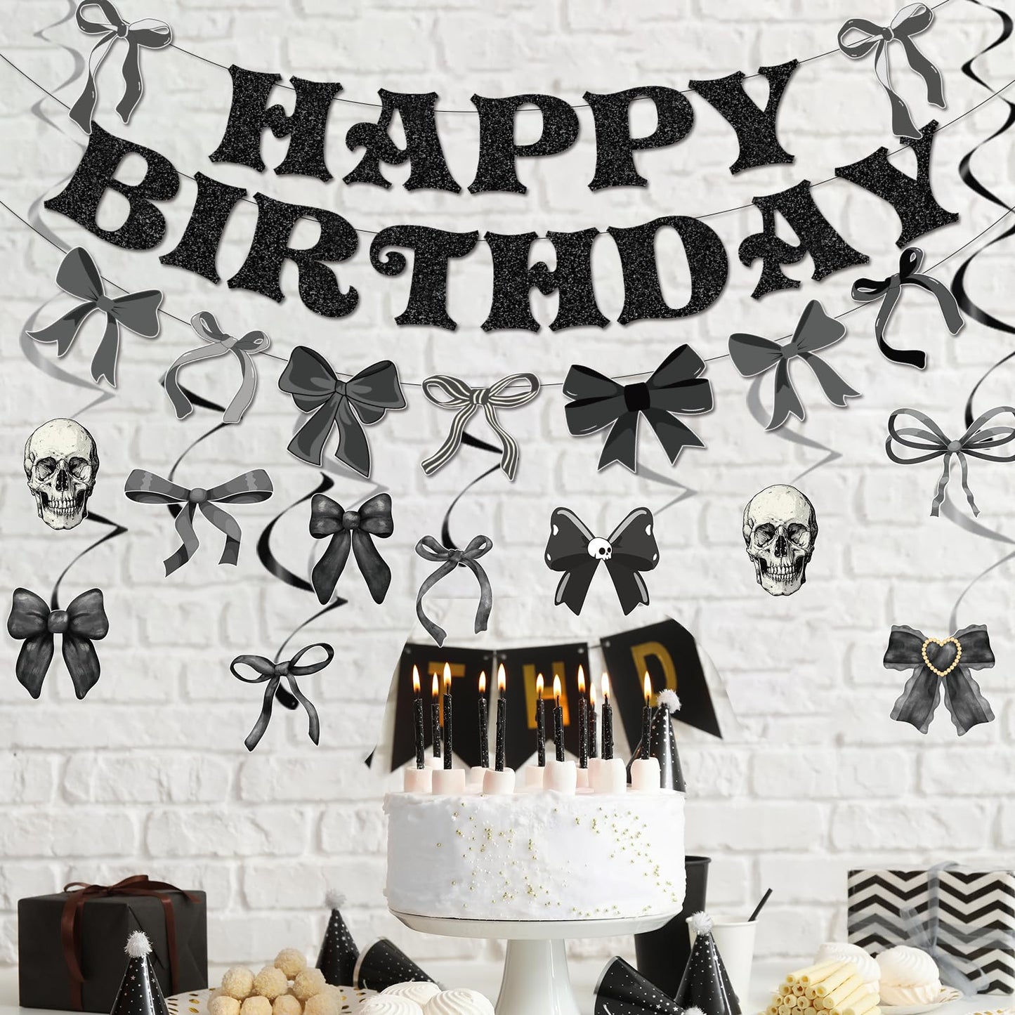 Lovarywow Black Bow Party Decorations - 13PCS Gothic Birthday Decorations Skull Skeleton Goth Party Supplies for Girls Women Black Bow Coquete Happy Birthday Banners Hanging Swirls