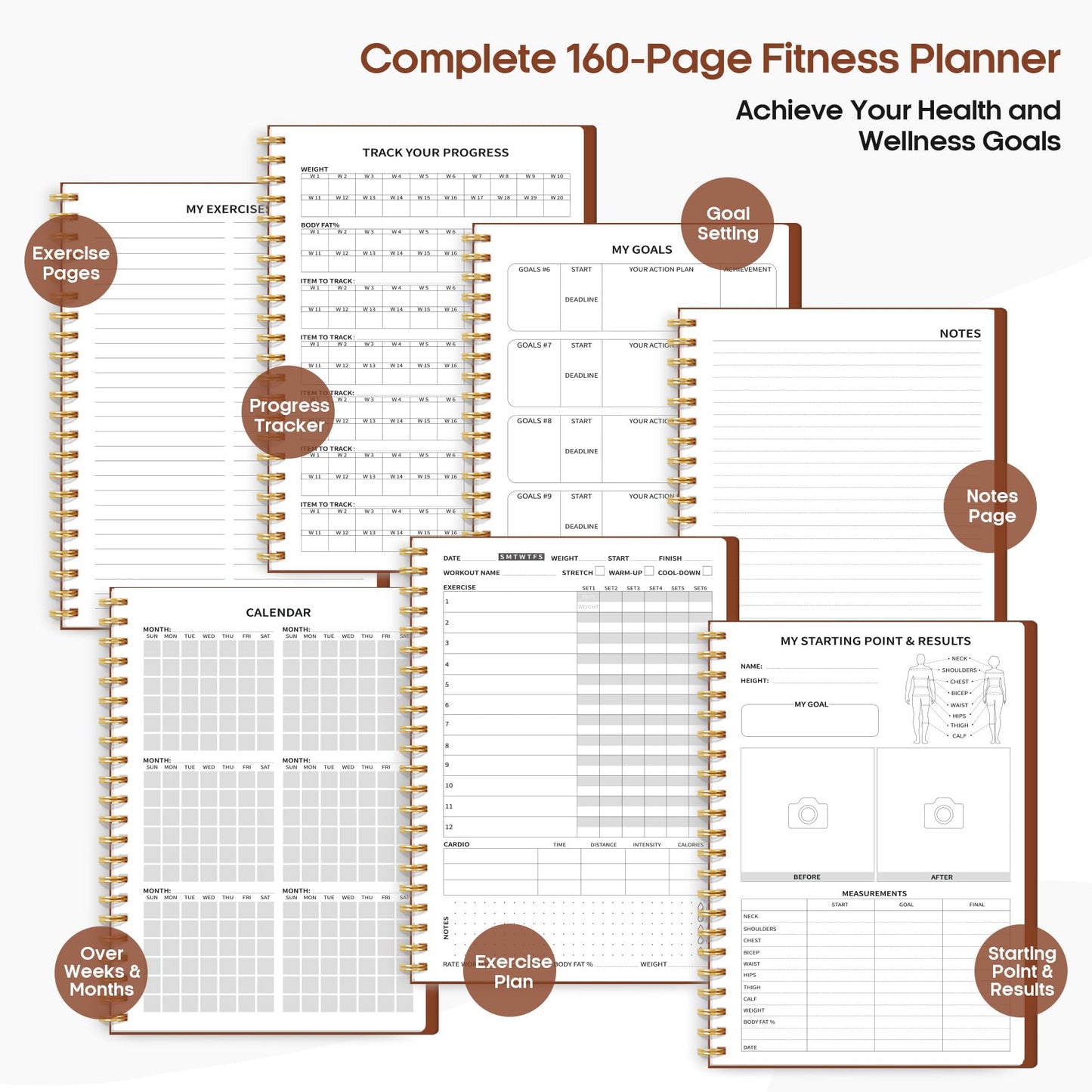 Fitness Workout Journal for Women & Men, A5(5.5" x 8.3") Workout Log Book Planner for Tracking, Progress, and Achieving Your Wellness Goals-Rust Brown