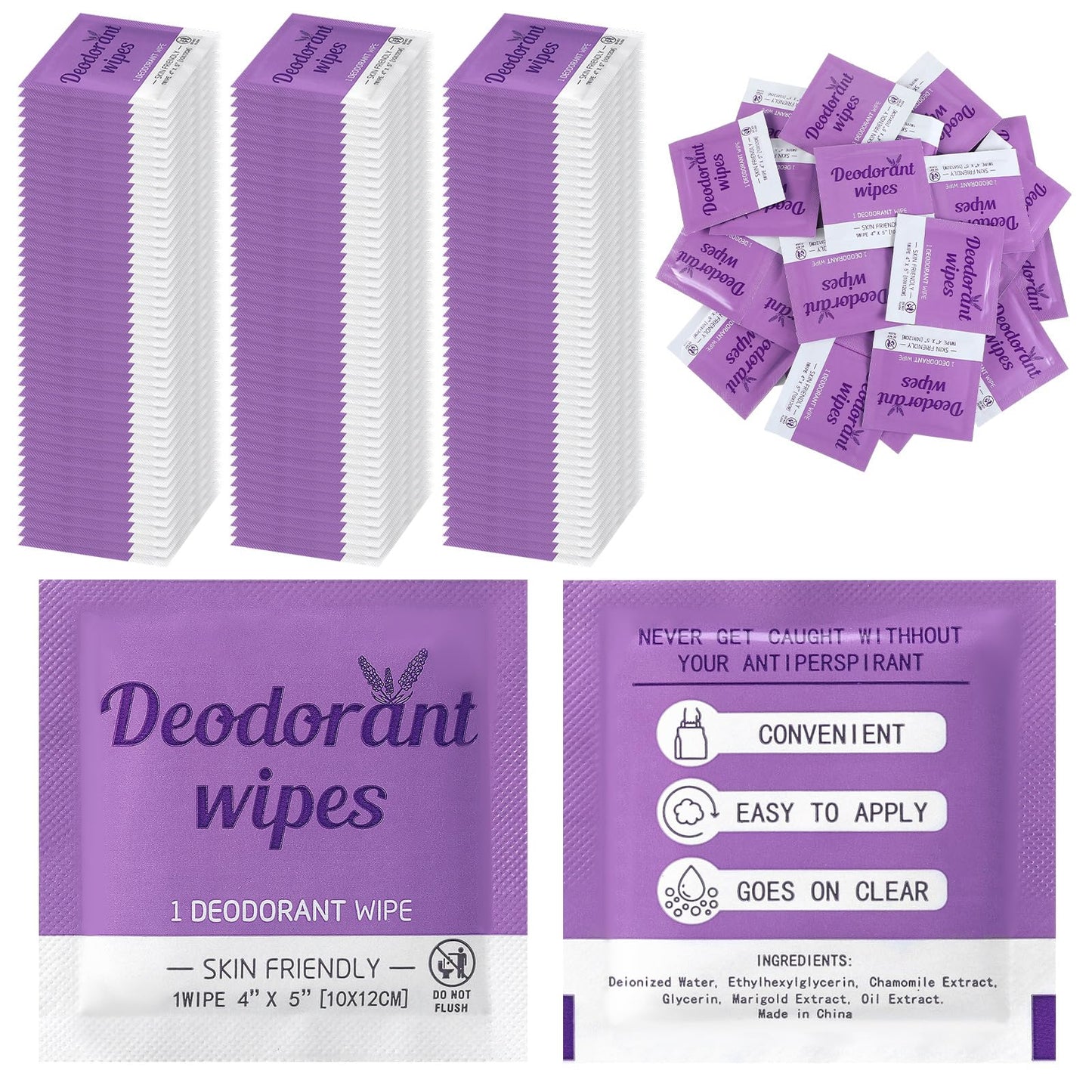 Timgle 100 Pcs Travel Deodorant Wipes Individually Wrapped Armpit Antiperspirant Deodorant Sweat Body Wipes for Women Men Teens