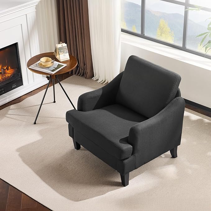 VINGLI Linen Fabric Accent Chair Black, Modern Upholstered Armchair, Comfy Sofa Chair Living Room Bedroom Furniture for Apartment