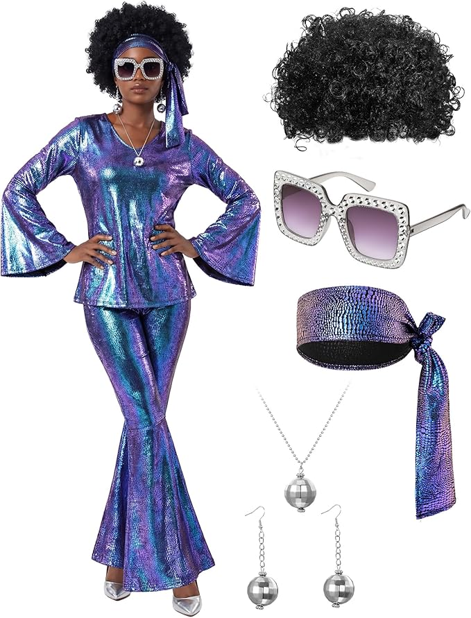 Jexine 70s Women Disco Outfit Costume Disco Party Top Pants Sunglasses Ball Necklace Earring Wig for Halloween New Year Eve