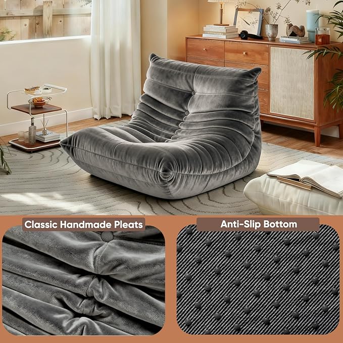 Bean Bag Chairs for Adults - Comfy High-Density Foam Fireside Chair, Adult Size, Soft Dutch Velvet Cover Beanbag Couch, Versatile for Living Room, Bedroom, Dorm, Reading & Gaming (Grey)