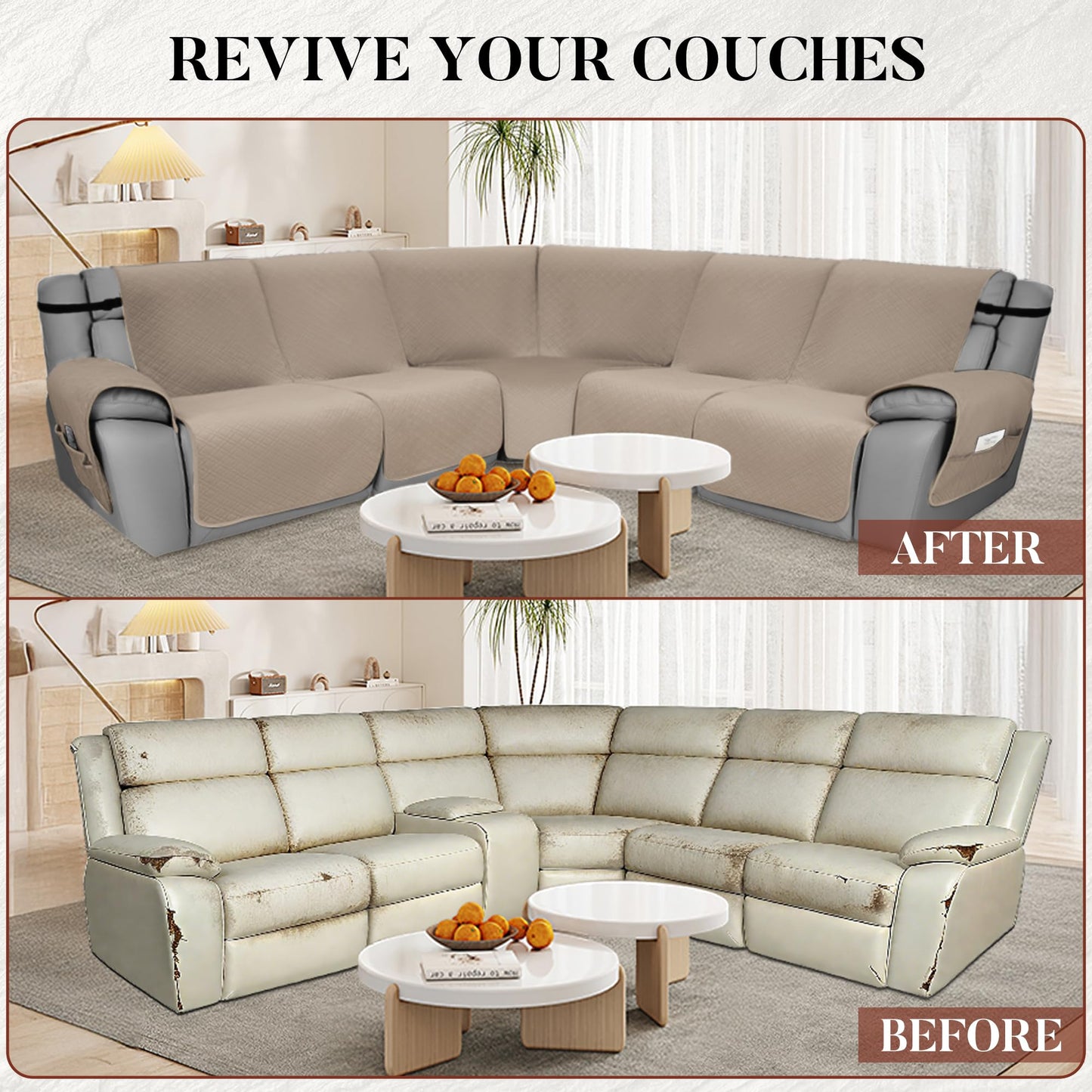 YUEVELLA Velvet 1OO% Waterproof Reclining Sectional Couch Covers for Sectional Sofa L Shape 7-Piece Quilted Corner Recliner Sofa Cover Slipcovers Set Washable (5 Seater, Khaki)