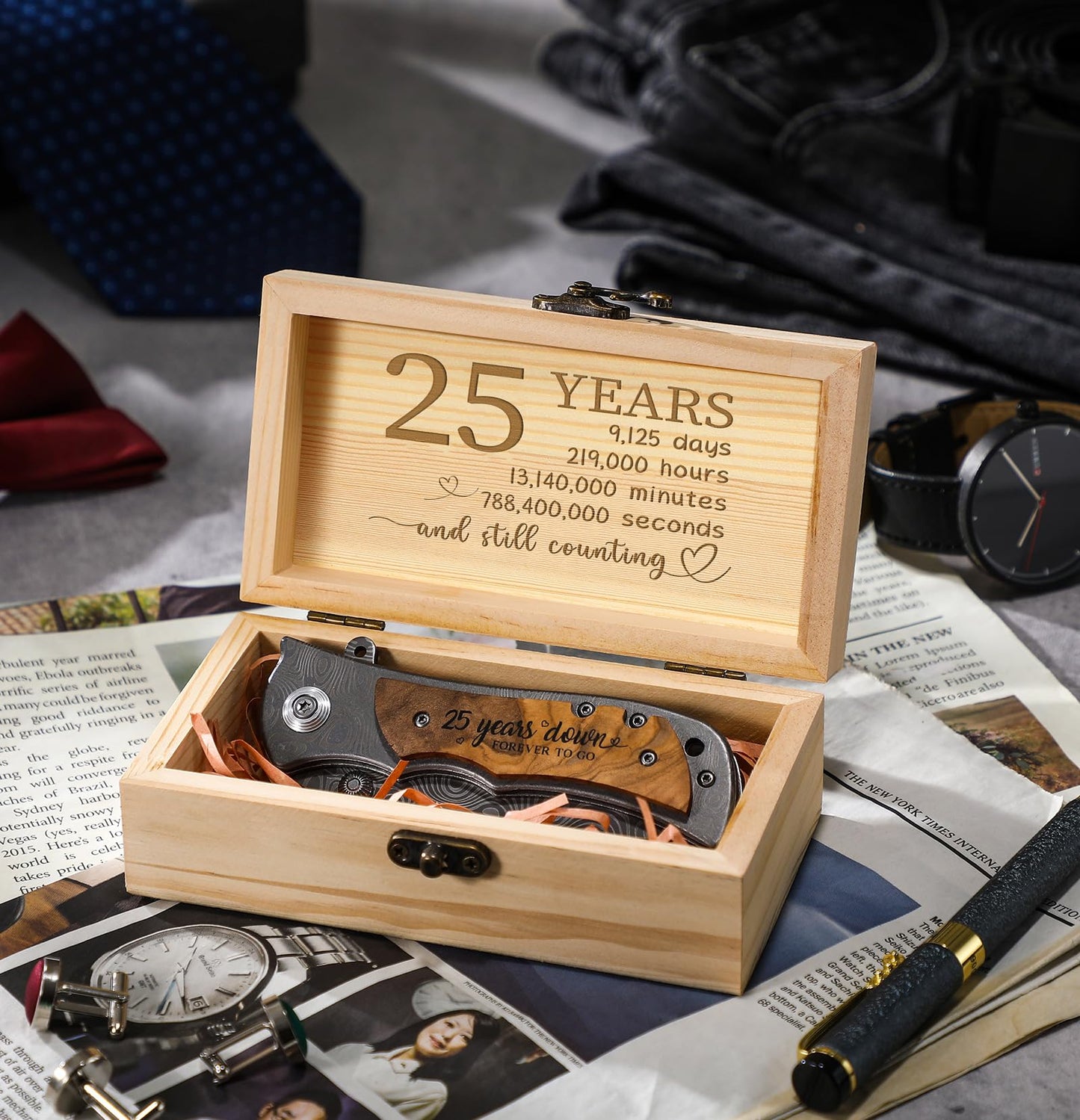 Lanties 25 Year Anniversary Keepsake Gifts for Him Engraved Pocket Knife with Gift Box Happy Tin Anniversary Customized Wedding Birthday Father's Day Gifts for Men Husband