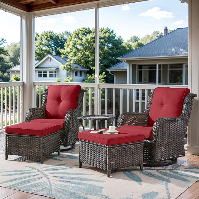 Belord 5 Pieces Patio Furniture Sets Wicker Outdoor Furniture, Rattan Patio Swivel Glider Chairs with 2 Ottoman and Glass Side Table