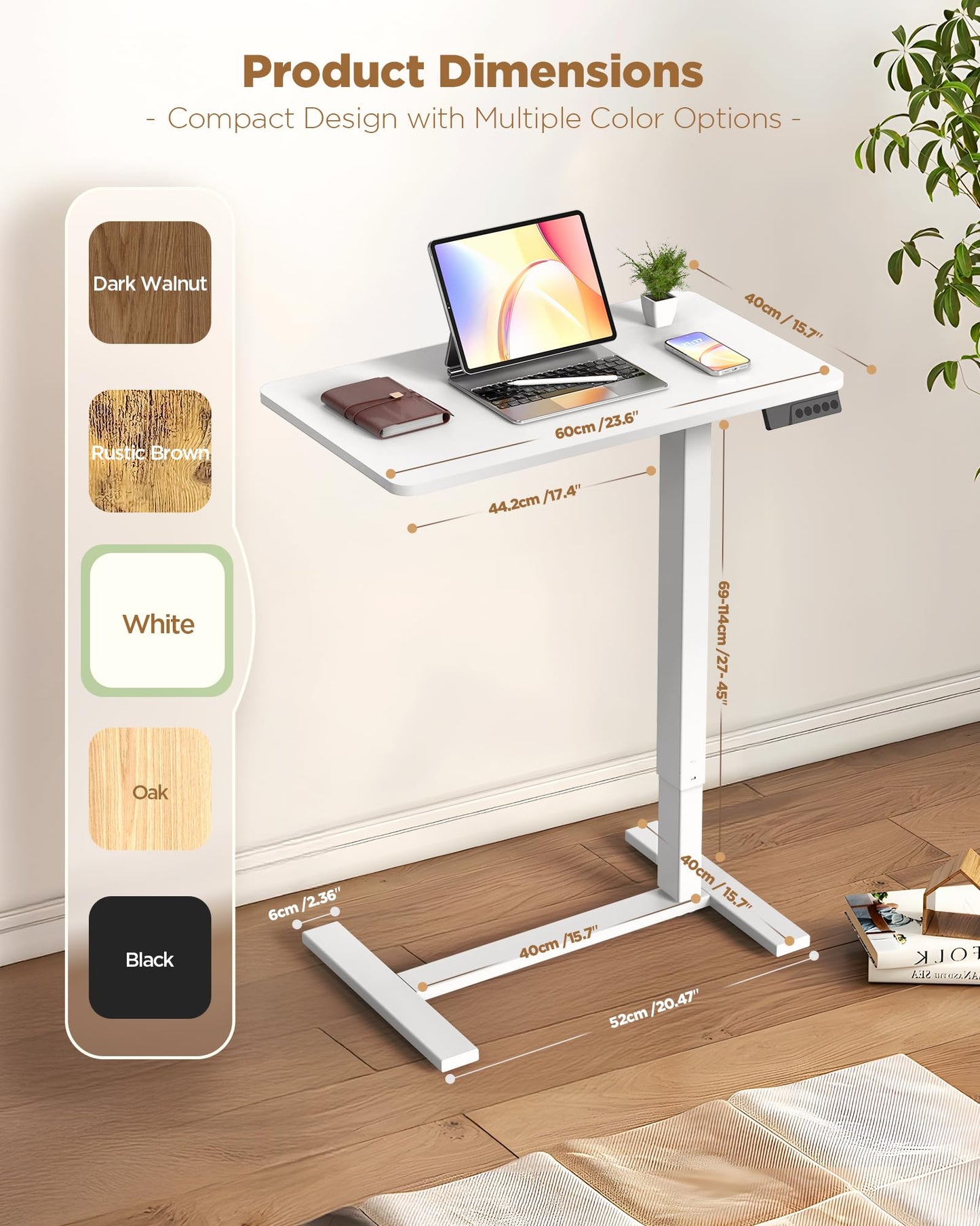 YOLEZO Overbed Bedside Table with Wheels, Electric Standing Desk Adjustable Height, Small Computer Desk for Home Office, Rolling Laptop Desk for Bed, Sofa, or Hospital Use (24"x16",White)