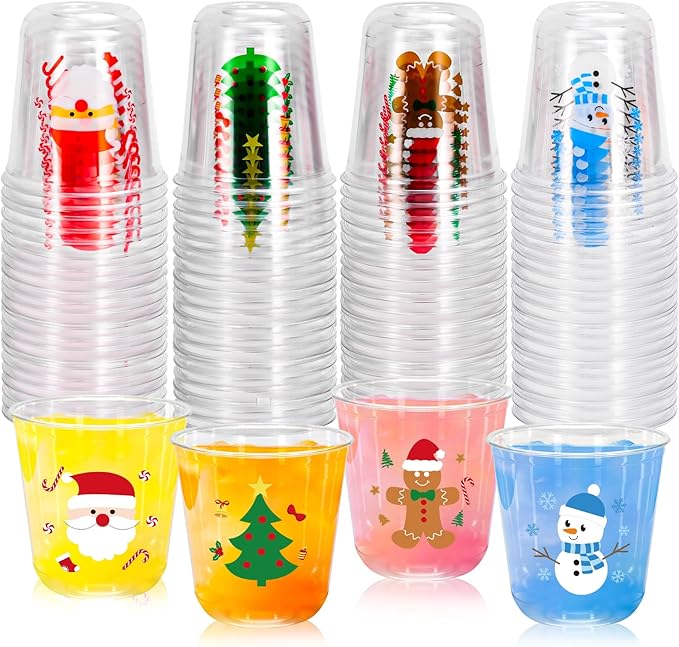 Whaline 60Pcs Christmas Plastic Cups 12 Oz Winter Snowman Gingerbread Man Santa Xmas tree Disposable Clear Stemless Wine C...