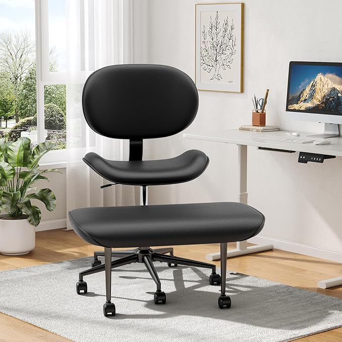 Cross Legged Office Chair with Wheels for ADHD, Ergonomic 360° Swivel Height-Adjustable Meditation Chair for Yoga, Wide Kneeling Chair with Strong Lumbar Support, PU Leather, Black