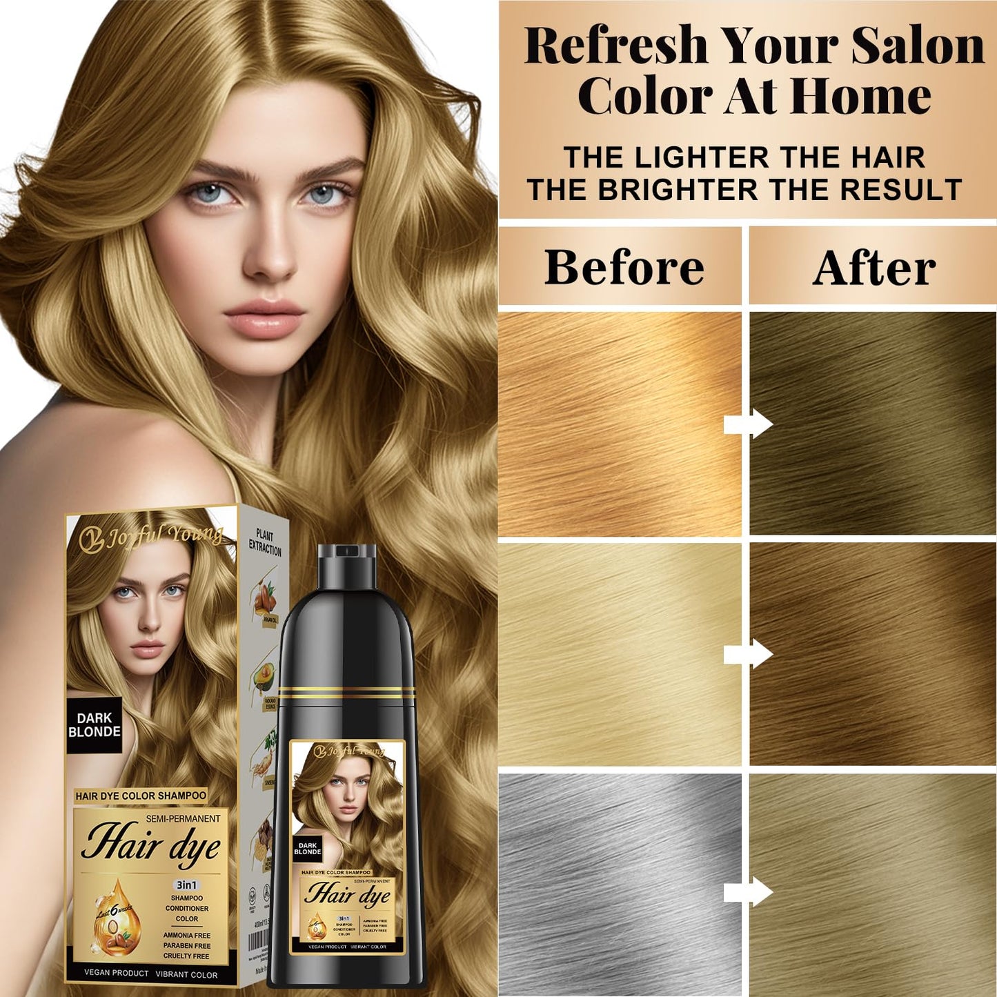 Joyful Young Natural Hair Dye Shampoo 3 IN 1, Gray Hair Coverage, Vegan, Ammonia-Free & Paraben-Free Hair Coloring Shampoo for W