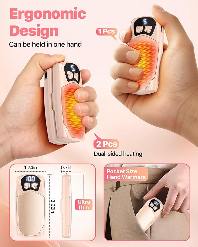 Kesguar Hand Warmers Rechargeable 2 Pack - 6000mAh Electric AI Handwarmers, LED Display & 5-Level Heating, 20Hrs Long Lasting, 2-in-1 Portable Heater, Gifts for Men/Women/Golf/Hunting
