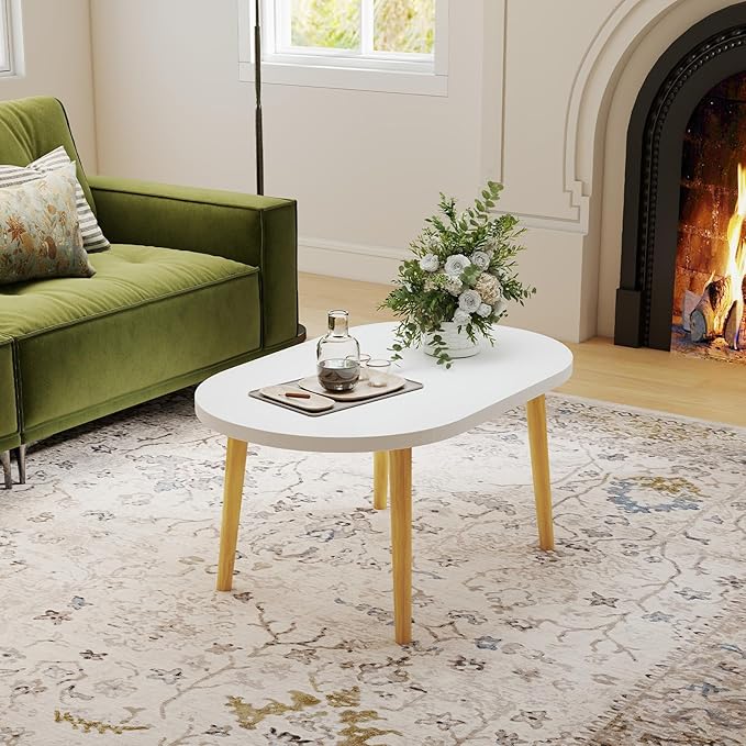 Funecy Coffee Table Low Table with Solid Wood Sturdy Legs, Floor Table Desk for Sitting on The Floor, Storage and Living Room Furniture (White-Oval)