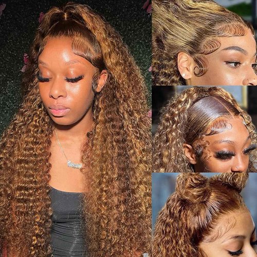 Peenoll Curly Human Hair Wig Omber T 27 Lace Frontal Closure Jerry Curly Human Hair Wig Pre Plucked Pre Cut Lace Frontal Closure Glueless Wigs Elastic Band 200% Density