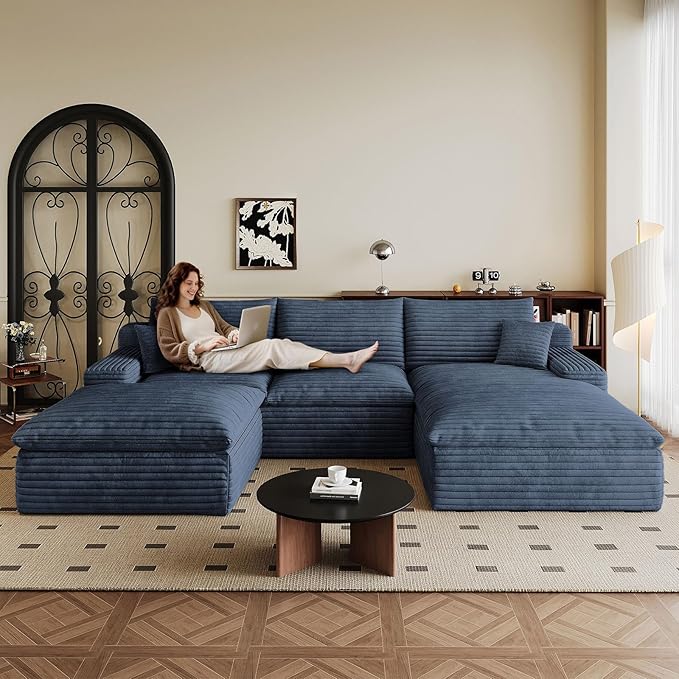 107" Cloud Sectional Couch U-Shaped Chaise with Ottoman, Corduroy Boneless Couch for Living Room Bedroom, Deep-Seat Upholstered Modular Cloud Sofa, No Assembly Required (Blue, Right Facing Chaise)