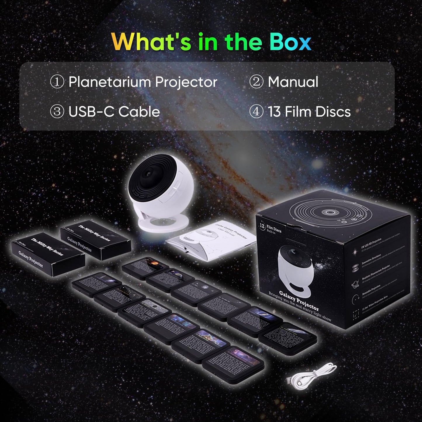 Galaxy Projector for Bedroom, HD Image Star Projector Galaxy Light Adjustable Knob, 13 Film Discs Planetarium Projector for Kids, 360° Rotating 1/2h Timer Simple 3-Button Control