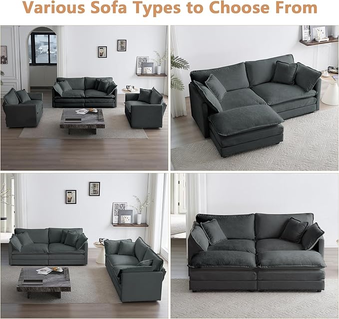 mikibama Luxury Modular Sectional Sofa, 146.5" Modern Chenille Comfy Cloud Couches for Living Room Office, 4 Seater Deep Sofa with 2 Armrest Pillows and 4 Toss Pillows, Grey