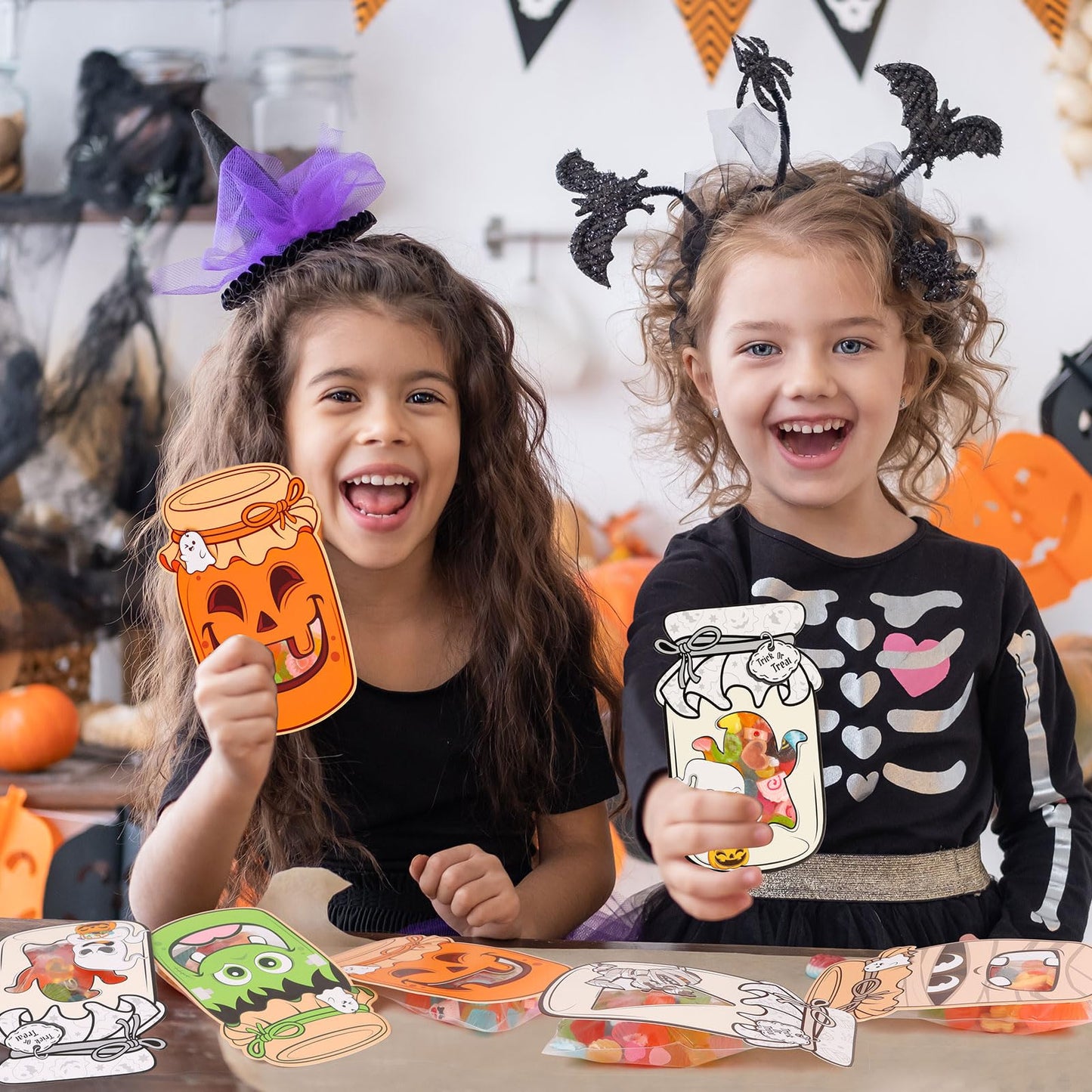 CCINEE Halloween Mason Jar Candy Bags with Cards, 50 Pack Greeting Candy Cards with Clear Treat Bags for Halloween Party Favors DIY Crafts Trick or Treat Classroom Events Exchange Gift Supplies