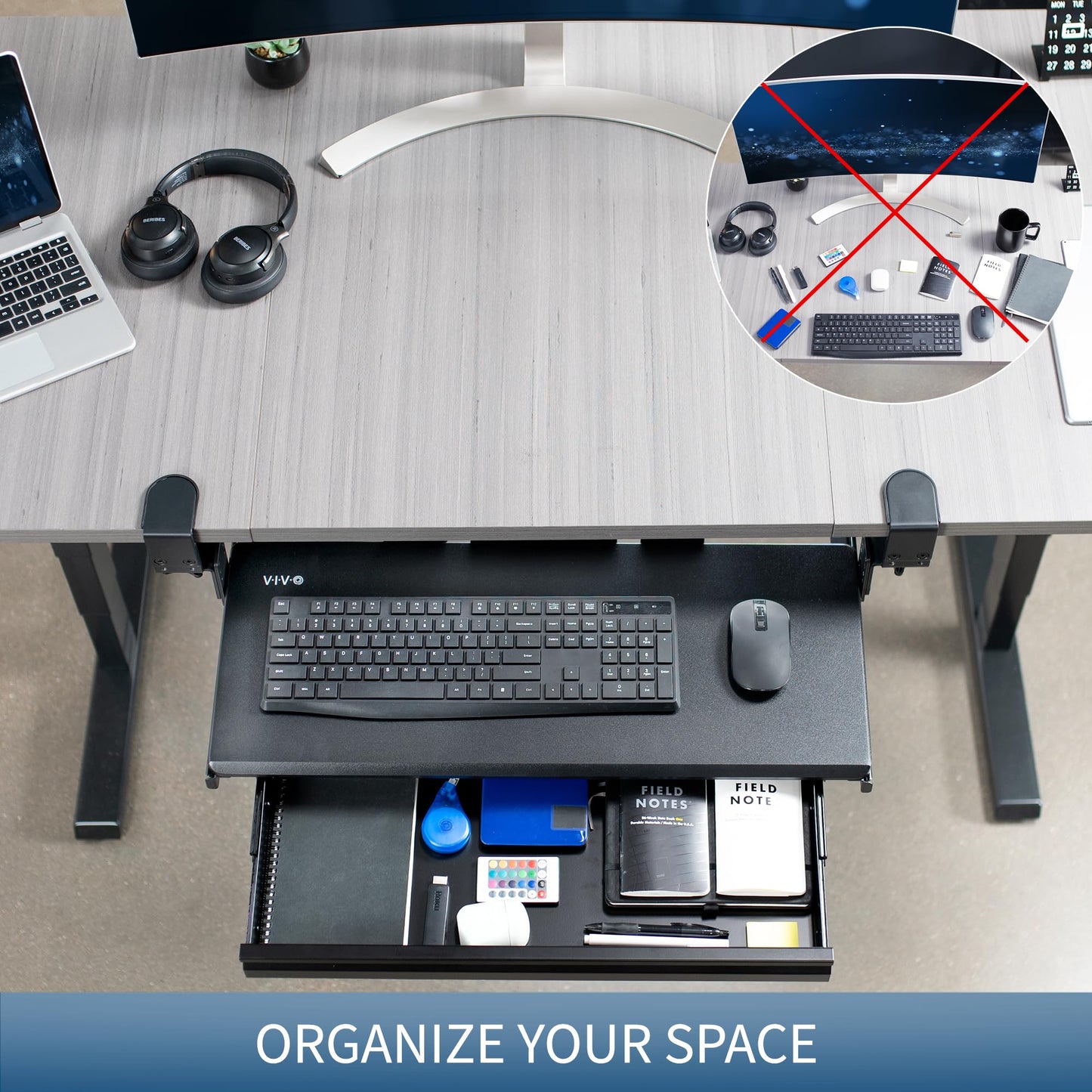 VIVO Large Height Adjustable Clamp-on Keyboard Tray, Extra Sturdy Pull Out Platform with Storage Drawer, 27 (33 Including Clamps) x 11 inch Slide-Out Tray with Organizer, Black, MOUNT-KB05HB-DR