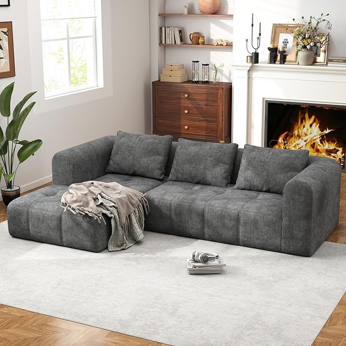 105" Modular Sectional Couches for Living Room, Cloud Sectional Couch with Deep Seat, Convertible L-Shape Couch, Upholstered Couches for Living Room Bedroom, No Assembly Required, Grey (Slub Fabric)