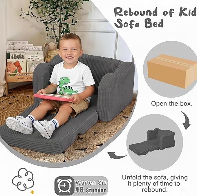 MeMoreCool Toddler Chair Comfy for 1-3 Years Old, Corduroy Kids Couch Bed Fold Out, 2-in-1 Foldable Baby Lounge Chair, Pull Out Children Sofa Bed, Dark Grey