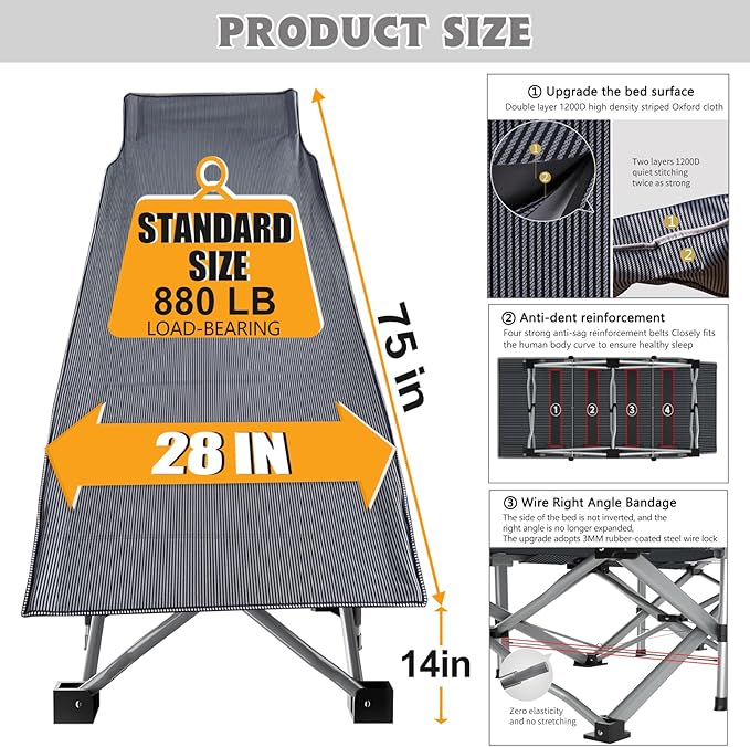ABORON Camping Cot for Adult 28" Extra Wide, Heavy-Duty 1200D Oxford Cot for Sleeping, Portable Folding Camp Bed with Mat & Carry Bag