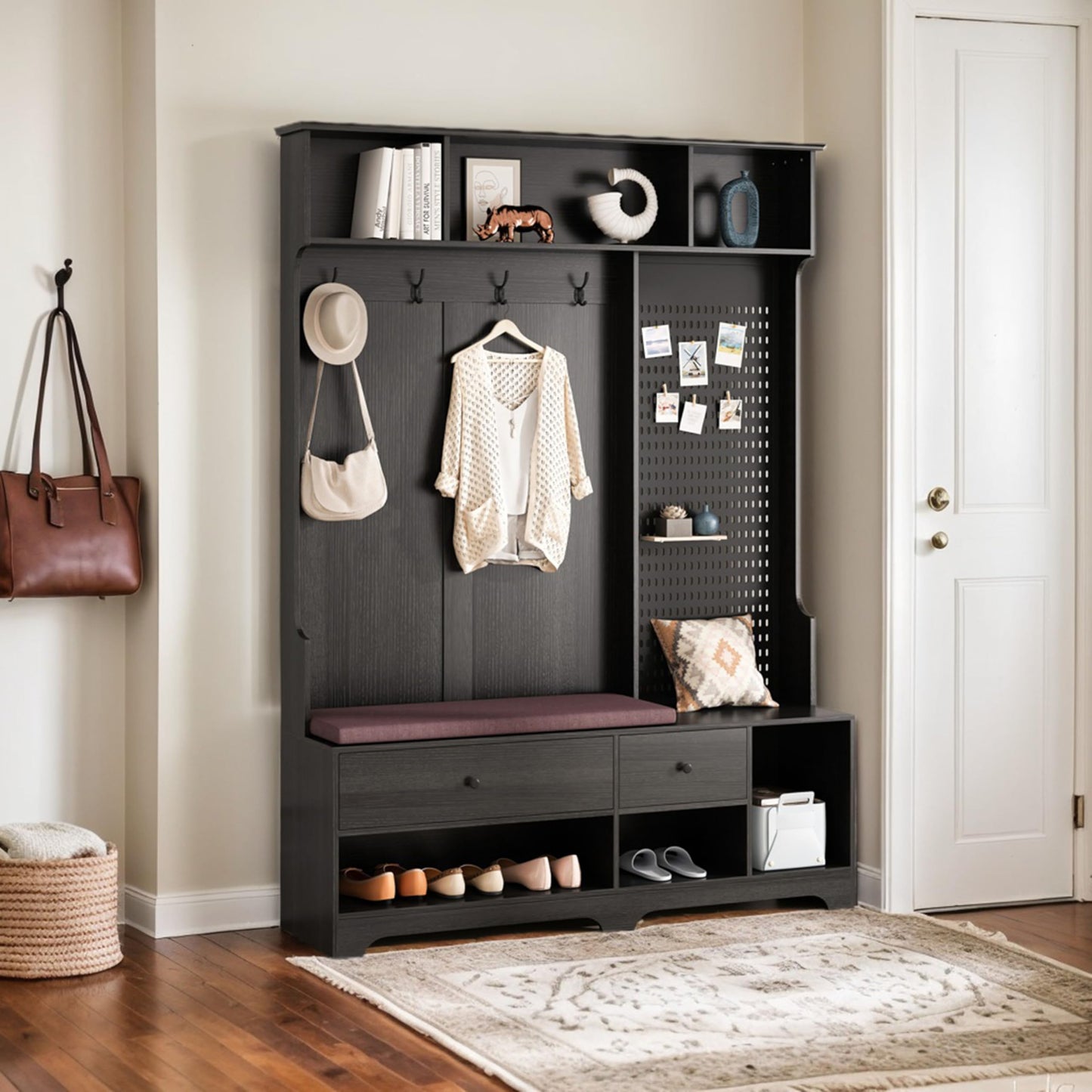 CHUNLY Multi-Purpose Entryway Hall Tree with Removable Linen Cushioned Storage Bench, Shoe Bench with Coat Rack, Storage Shelves, and DIY Pegboard for Entrance, Hallways, Foyer, Porch (Black)