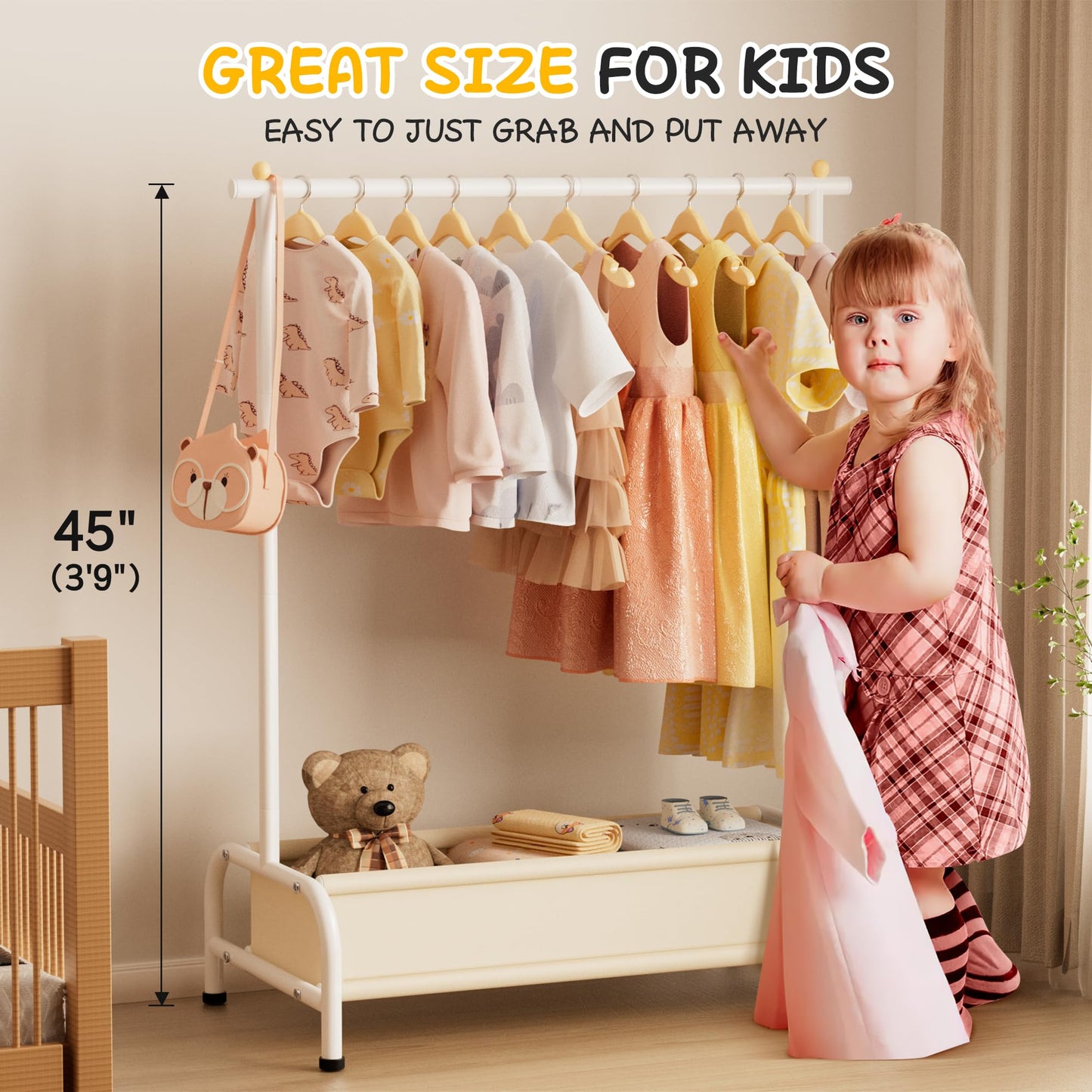 MISSLO Kids Clothing Rack with Basket Small Dress Up Storage Short Toddler Dress Up Rack Kids Closet for Baby Clothes, White