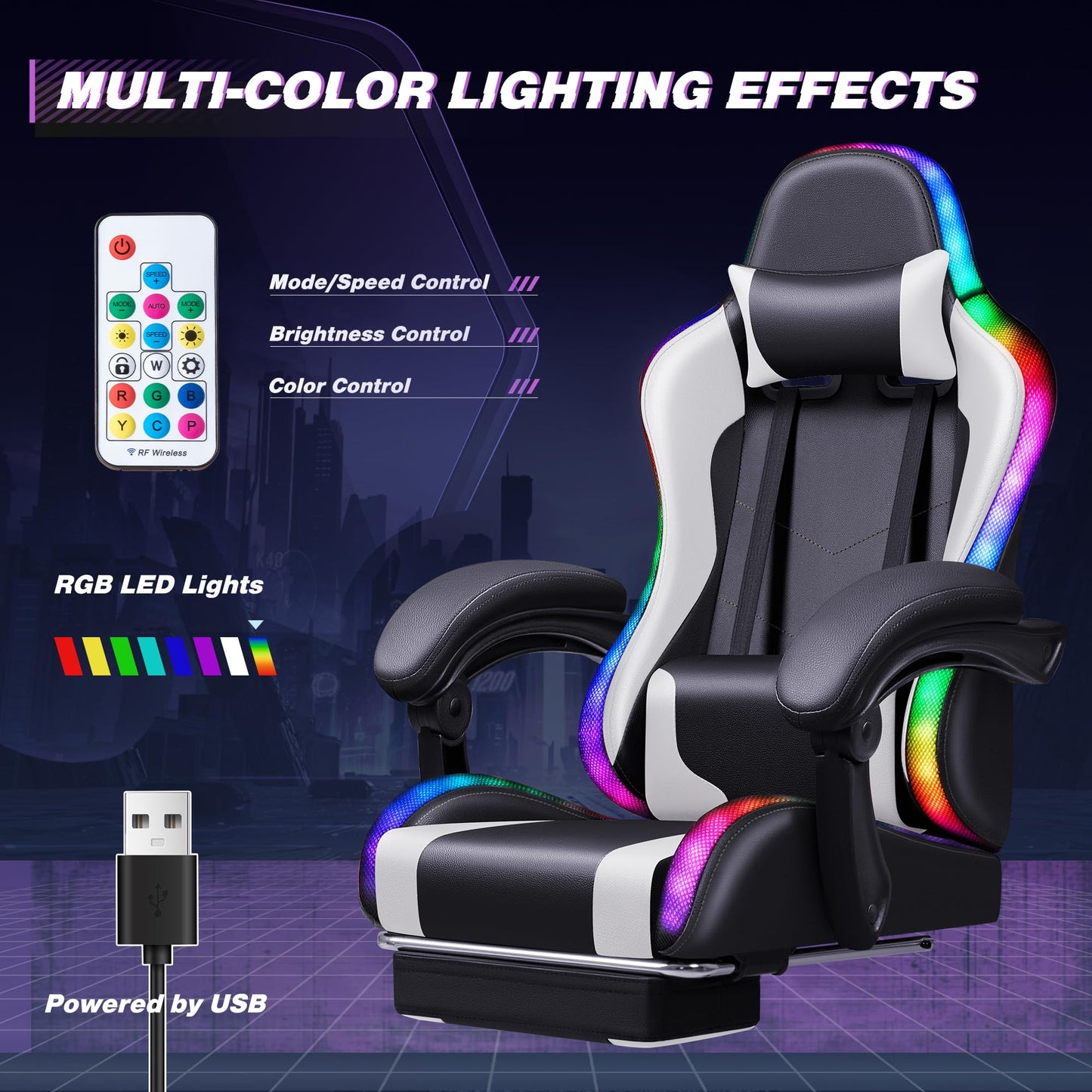 Homall Gaming Chair, Video Game Chair with Footrest and Massage Lumbar Support, Ergonomic Computer Chair Height Adjustable with Swivel Seat and Headrest (RGB White)