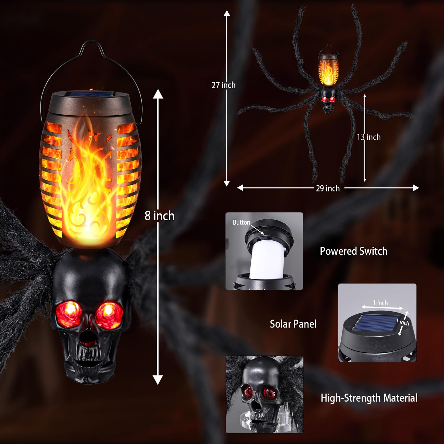 Halloween Skull Flame Light with 8 Spider Tentacles - Spooky Indoor/Outdoor Decoration for Halloween Parties, Gardens, and Haunted Displays (Orange, 2 Pack)