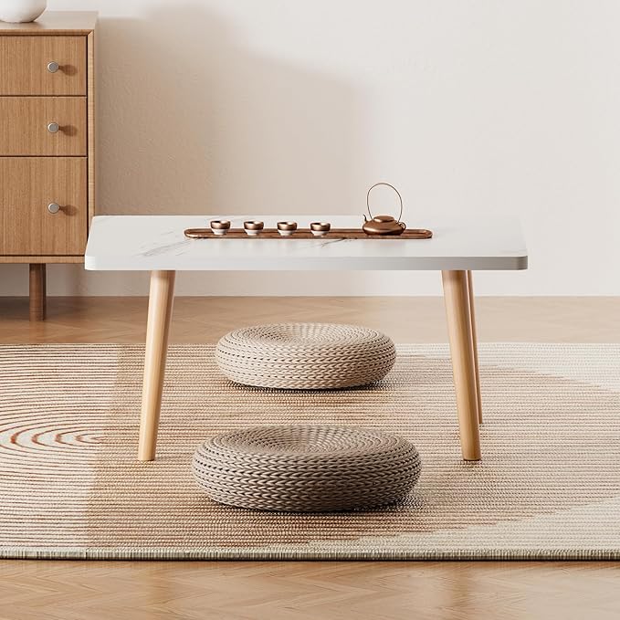 Small Coffee Table for Small Space, Low Table, Floor Table Desk for Sitting on The Floor, Storage Living Room Furniture, Tatami Tea Tables with Solid Wood Legs, Home Office, Farmhouse, Rectangle White