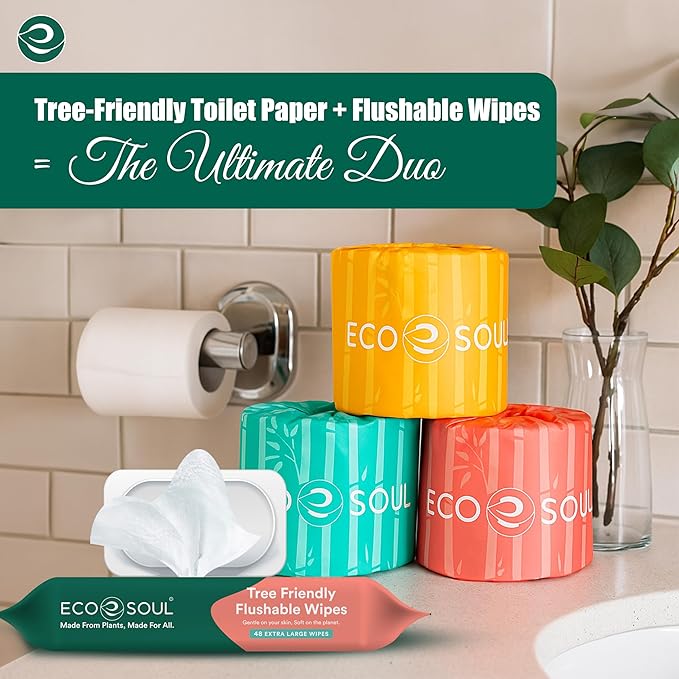ECO SOUL Bamboo Toilet Paper 12 Mega Rolls 3 Ply, 300 Sheets per Roll | Eco-Friendly Septic Safe Organic Bath Tissues Sustainable Toilet Paper Compostable - FSC Certified