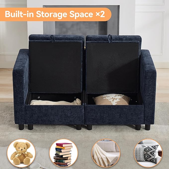 WUTUTUEE 58'' Modular Sectional Loveseat Sofa, Modern Love Seat 2 Seater Sofa Couch with Storage, Chenille Modular Sectional Couch for Living Room, Bedroom, Office, Small Apartment, Navy