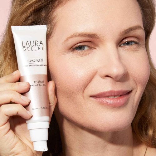 LAURA GELLER NEW YORK Baked Balance-n-Brighten Powder Foundation - Porcelain + Spackle Super-Size Skin Perfecting Makeup Primer - Ethereal Rose Glow + Retractable Airbrush Kabuki Brush