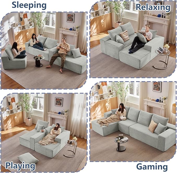 135.4" Cloud Sectional Couch with L-Shape Chaise, Modern Corduroy Boneless Couch for Living Room,Memory Foam Sofa with Deep Seat,No Assembly Required (Grey,Left-Facing Chaise)