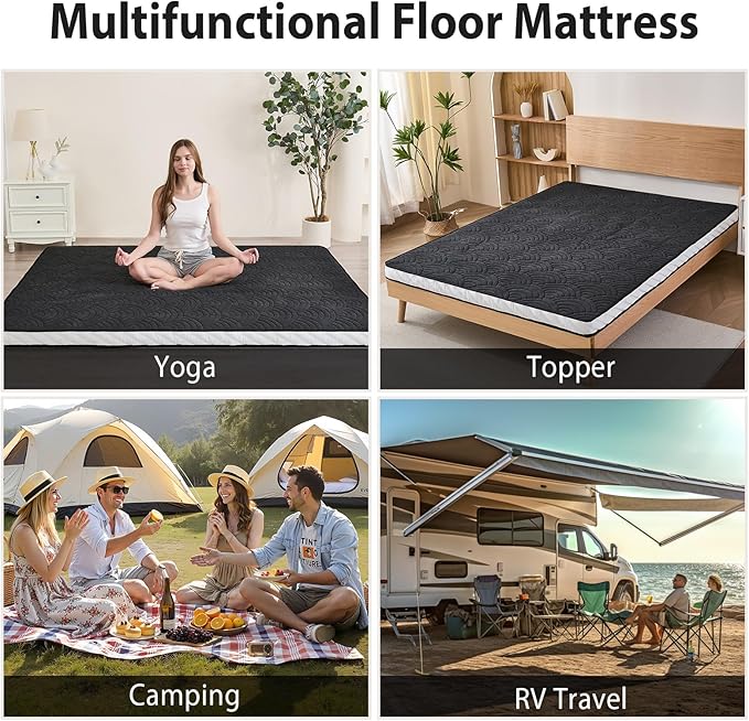 Zelladorra Japanese Floor Mattress, Quilted Futon Mattress with Anti-Slip Bottom, Foldable Floor Bed with Storage Bag and Straps, (Black, Queen)