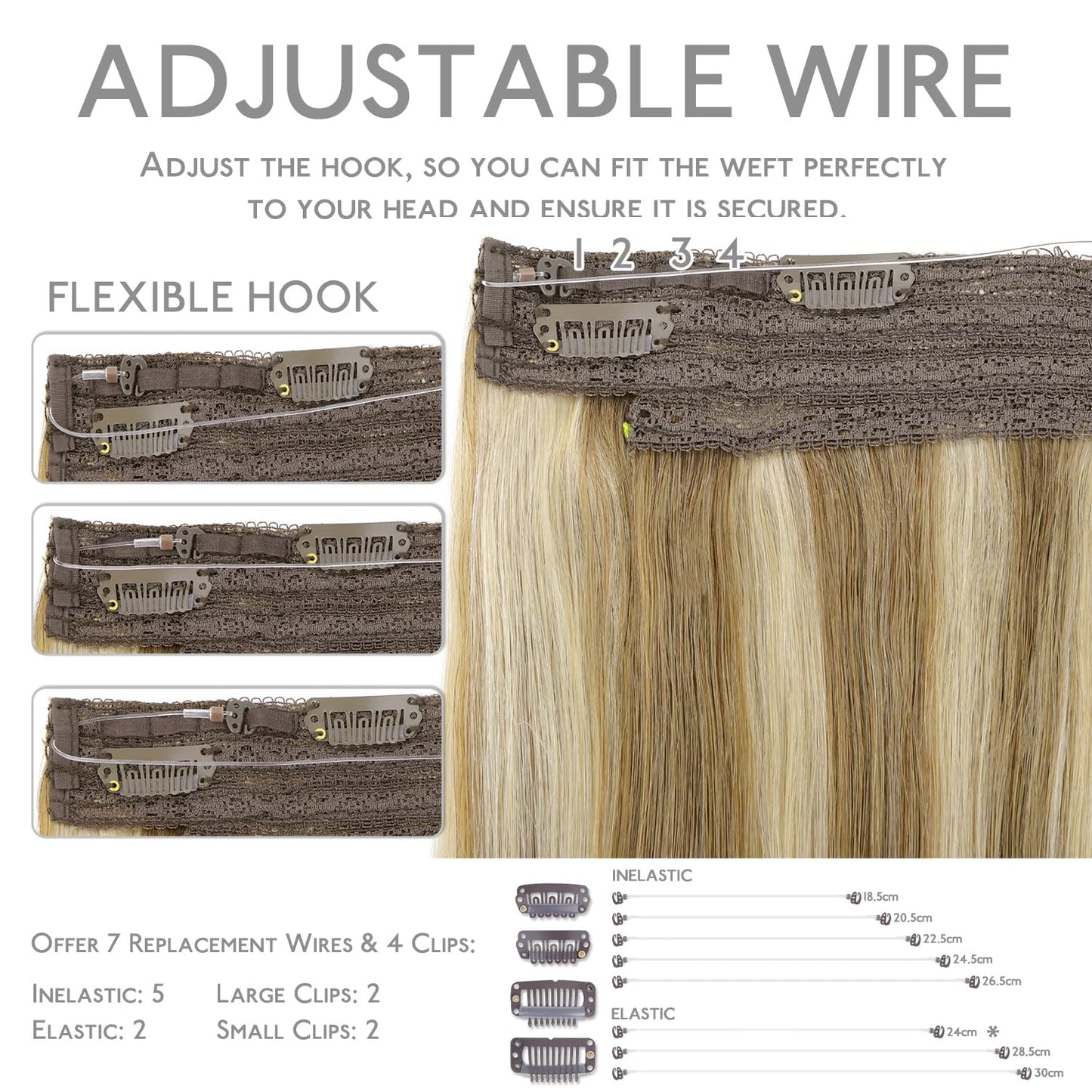 WENNALIFE Wire Hair Extensions (Increase 50% Lifespan) Real Human Hair 14 inch 105g Ash Brown Highlighted Golden Blonde Remy Rea