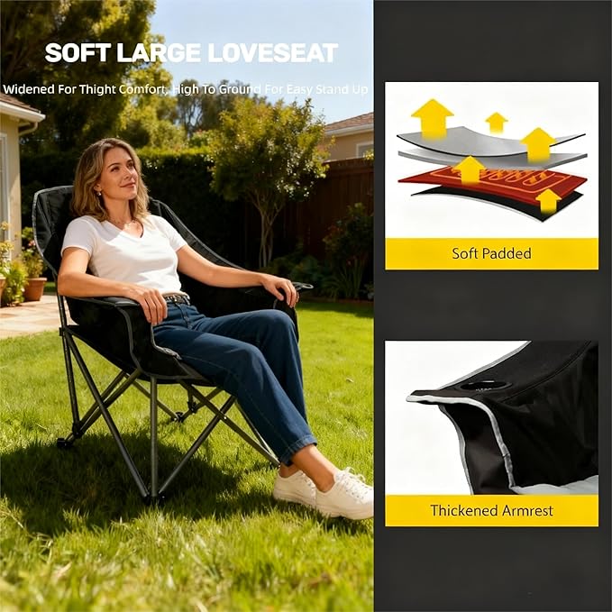 FAIR WIND 2 Pack Oversized Padded Camping Chair Heavy Duty Quad Fold Arm Chair Portable for Outdoor - Support 450LBS, Black