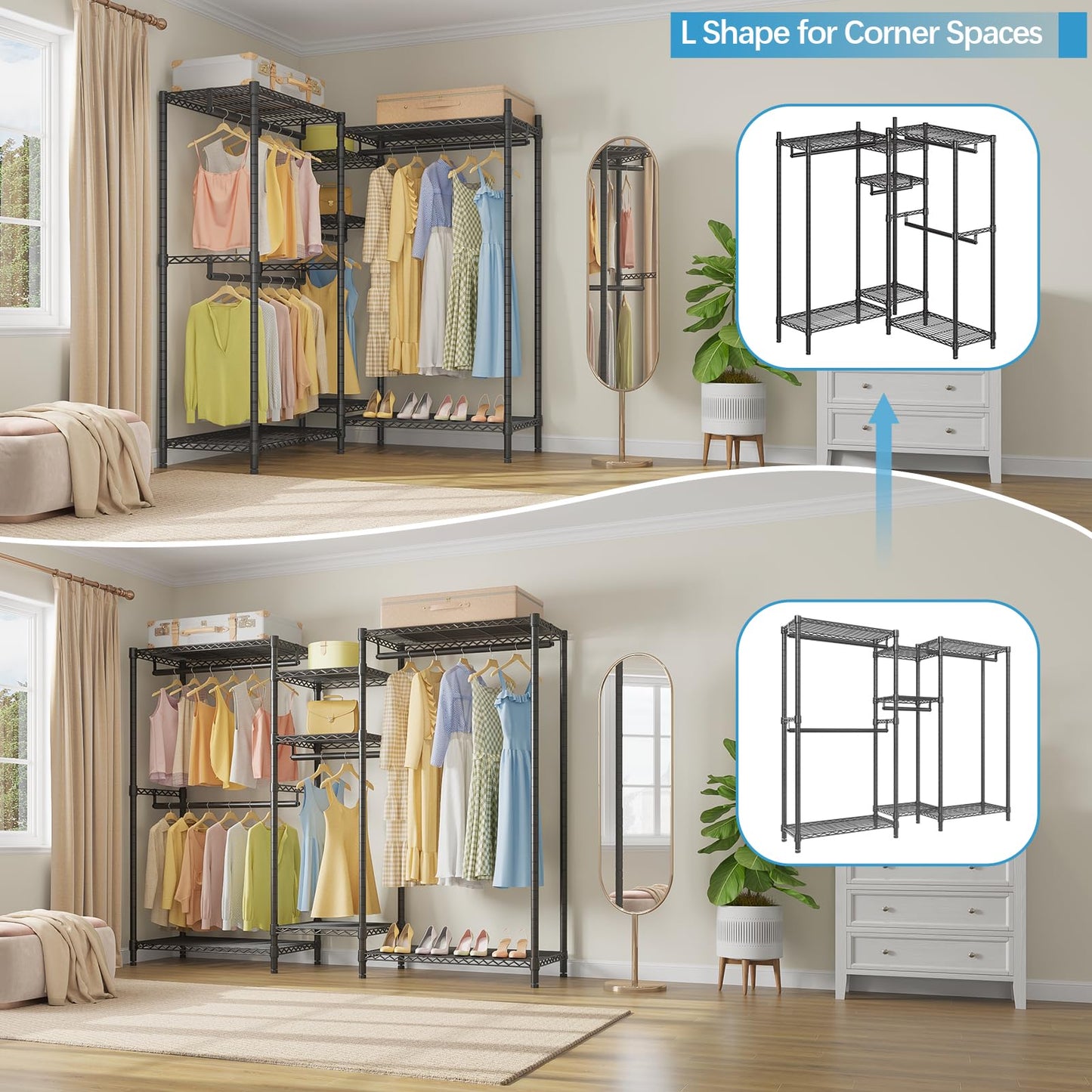 VIPEK Classic V6 Wire Garment Rack Heavy Duty Clothes Racks with Shelves, Freestanding Portable Wardrobe Closet Rack for Hanging Clothes Closet System 68.9" L x 15.7" W x 76.4" H, Load 850LBS, Black