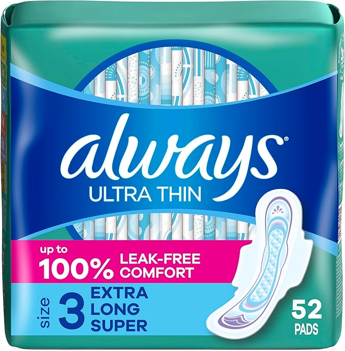 Always Ultra Thin Feminine Pads with Wings for Women, Size 3, Extra Long Super Absorbency, Unscented, Up to 100% Leak-Free Protection, 52 Count