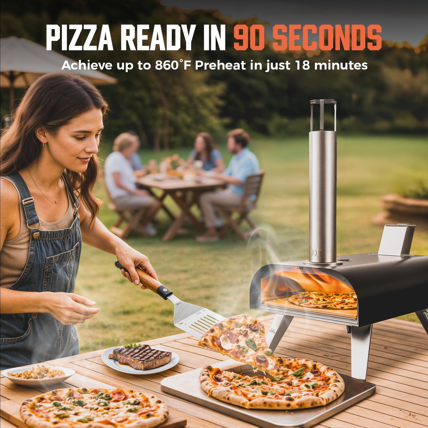 BIG HORN OUTDOORS 12" Woodfire Pizza Stone Oven, 887°F Outdoor Stainless Pizza Cooker, Portable for Party Usage, Black
