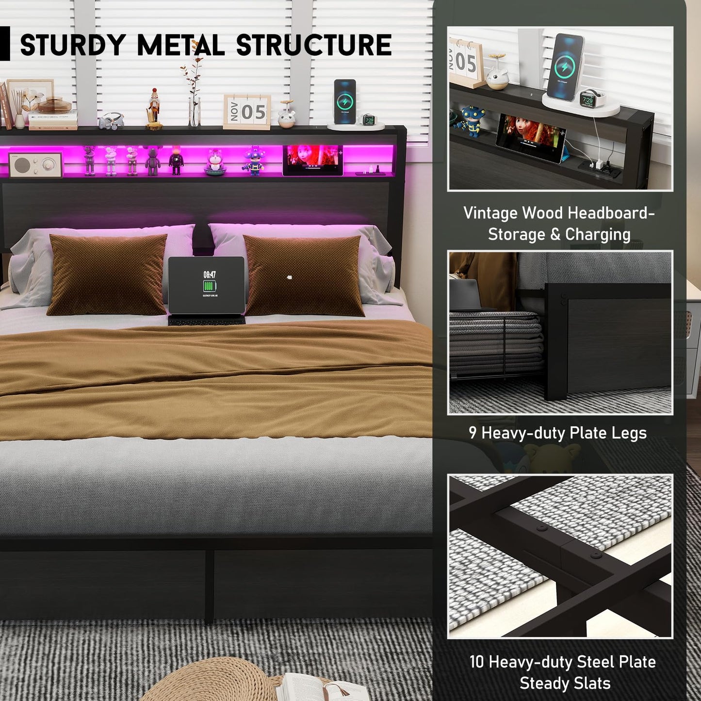 EVBFORU Queen Bed Frame with Storage Headboard and 4 Drawers, Metal Platform Bed Frame with LED Light, Charging Station, No Box Spring Needed, Noise Free, Easy Assembly, Rustic Grey