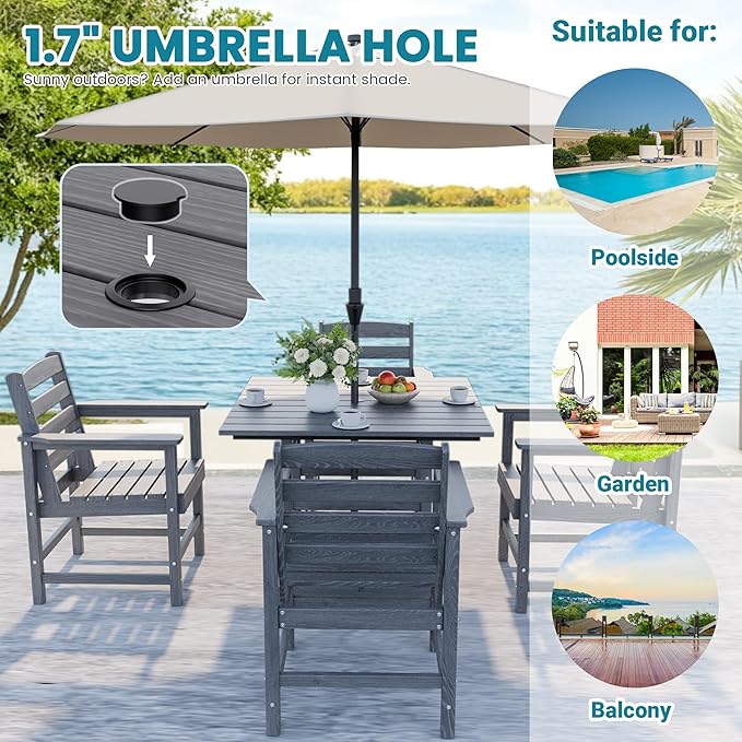 PamapicLife Outdoor HDPE Dining Table Set, 5-Piece All-Weather HDPE Outdoor Table and Chairs with Elegant Armrest, Wood Grain Patio Furniture Sets with Umbrella Hole for Porch, Backyard, Gray
