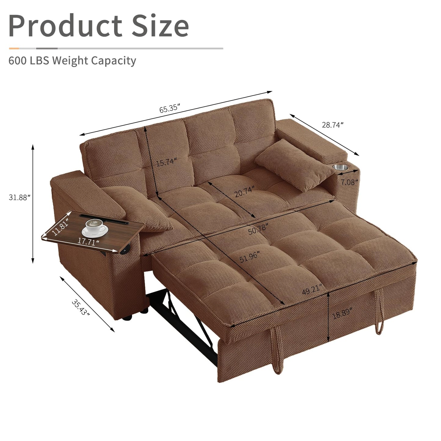 hansones 65'' 3-in-1 Folding Convertible Sofa Bed, Queen Size Pullout Sofa, Modern Chenille Fabric, 360° Swivel Side Table, Easy Assembly, Perfect for Living Room