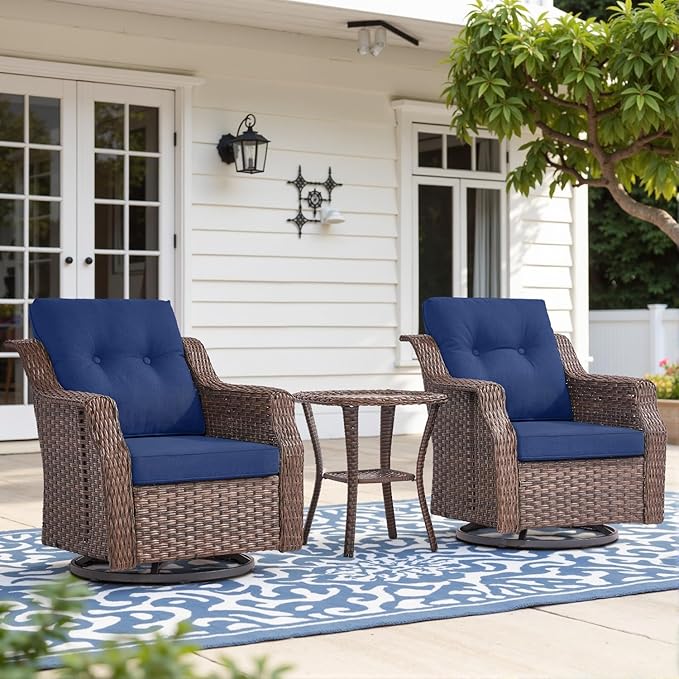 Belord 4“ Thick Cushion Outdoor Swivel Rocker Patio Chairs Set of 2, Wicker 3 Piece Patio Furniture Set with Side Table and Comfort High Back Outdoor Patio Glider Chair - Brown Wicker/Blue Cushion