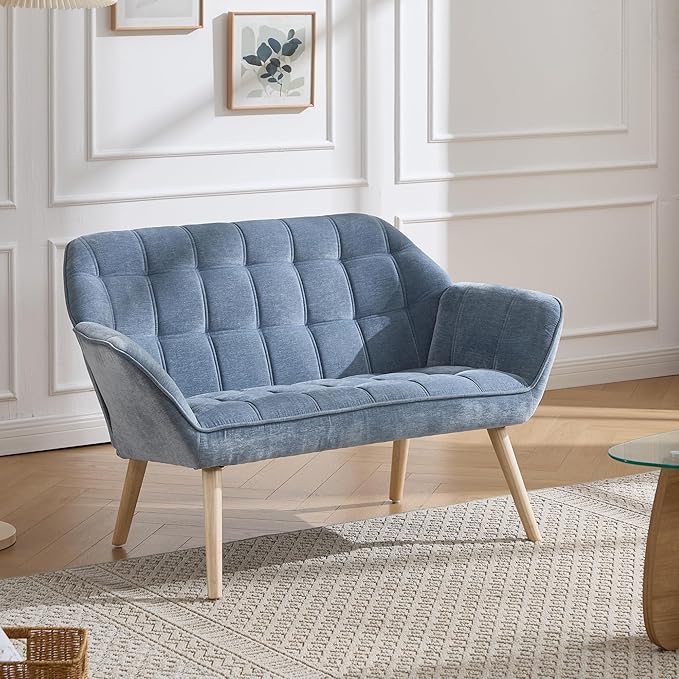 Hyfirm Small Loveseat Sofa, 48 inch Chenille Love Seat for Living Room Comfy Mini Couch with Wood Legs for Small Spaces Bedroom Apartment Office, Blue