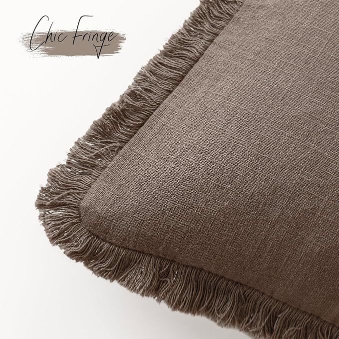 Foindtower Set of 2 Decorative Linen Fringe Throw Pillow Covers Cozy Farmhouse Cushion Cover with Tassels Accent Pillowcase for Couch Chair Sofa Bed Living Room Home Decor,18×18 Inch,Light Coffee