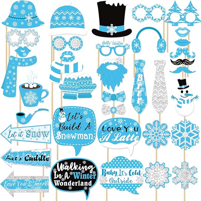 Snowflake Photo Booth Props 38 Pcs Frozen Party Decorations Winter Wonderland Party Favor for Holiday Party Christmas Part...