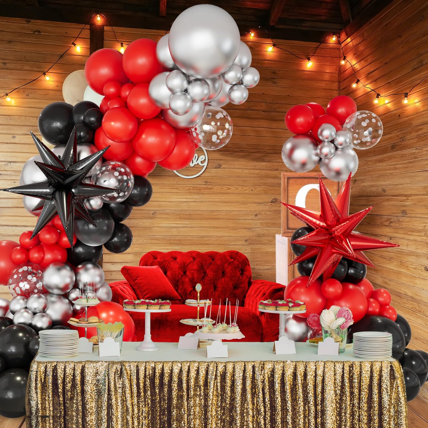 Red and Black Balloon Garland Arch Kit, 146pcs Red Black and Metallic Silver Balloons with Exploding Star Foil Balloons for Graduation Birthday Party Decorations