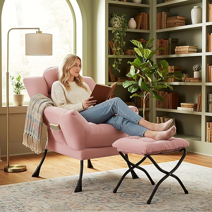 Furlide Lazy Chair with Ottoman, Modern Lounge Chair with Lumbar Pillow, Accent Cozy Reading Armchair and Folding Footstool for Bedroom, Dorm, Living Room,Pink
